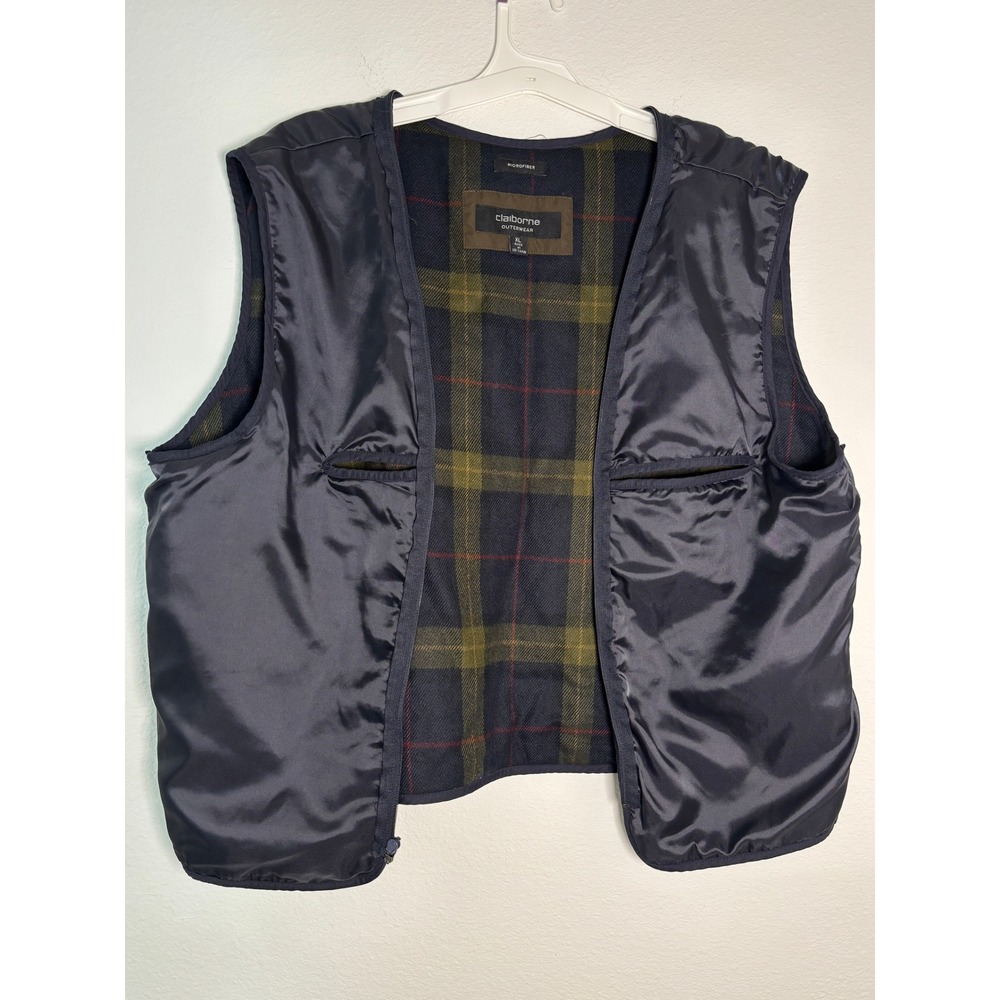 Claiborne Outerwear Mens XL Navy Blue Microfiber Plaid Lined Full Zip Vest